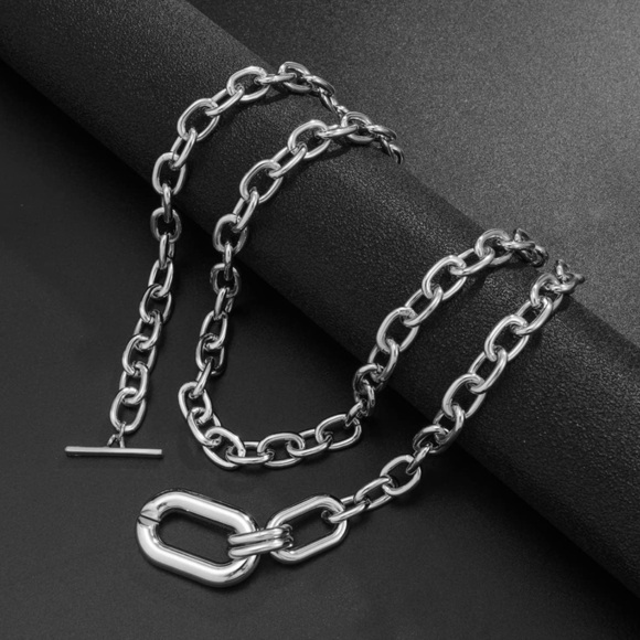 2pcs Silver Layered Chunky Chain Choker Necklace with Toggle Clasp Necklace - Picture 5 of 6